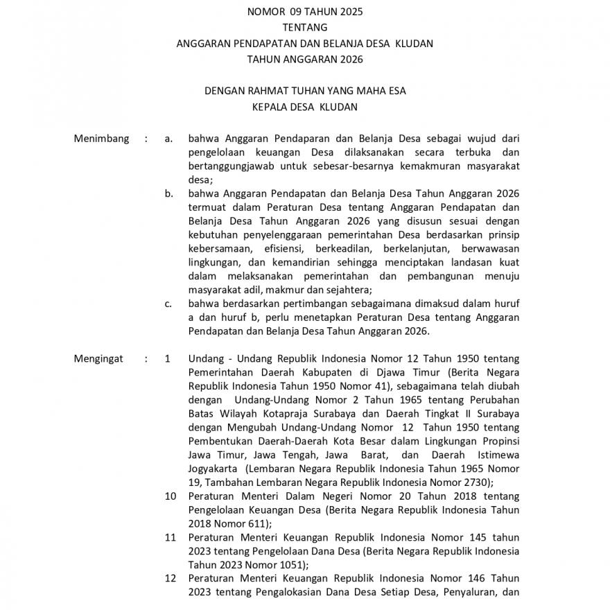 Penetapan peraturan Desa tentang Anggaran Pendapatan dan Belanja Desa Kludan Tahun Anggaran 2026